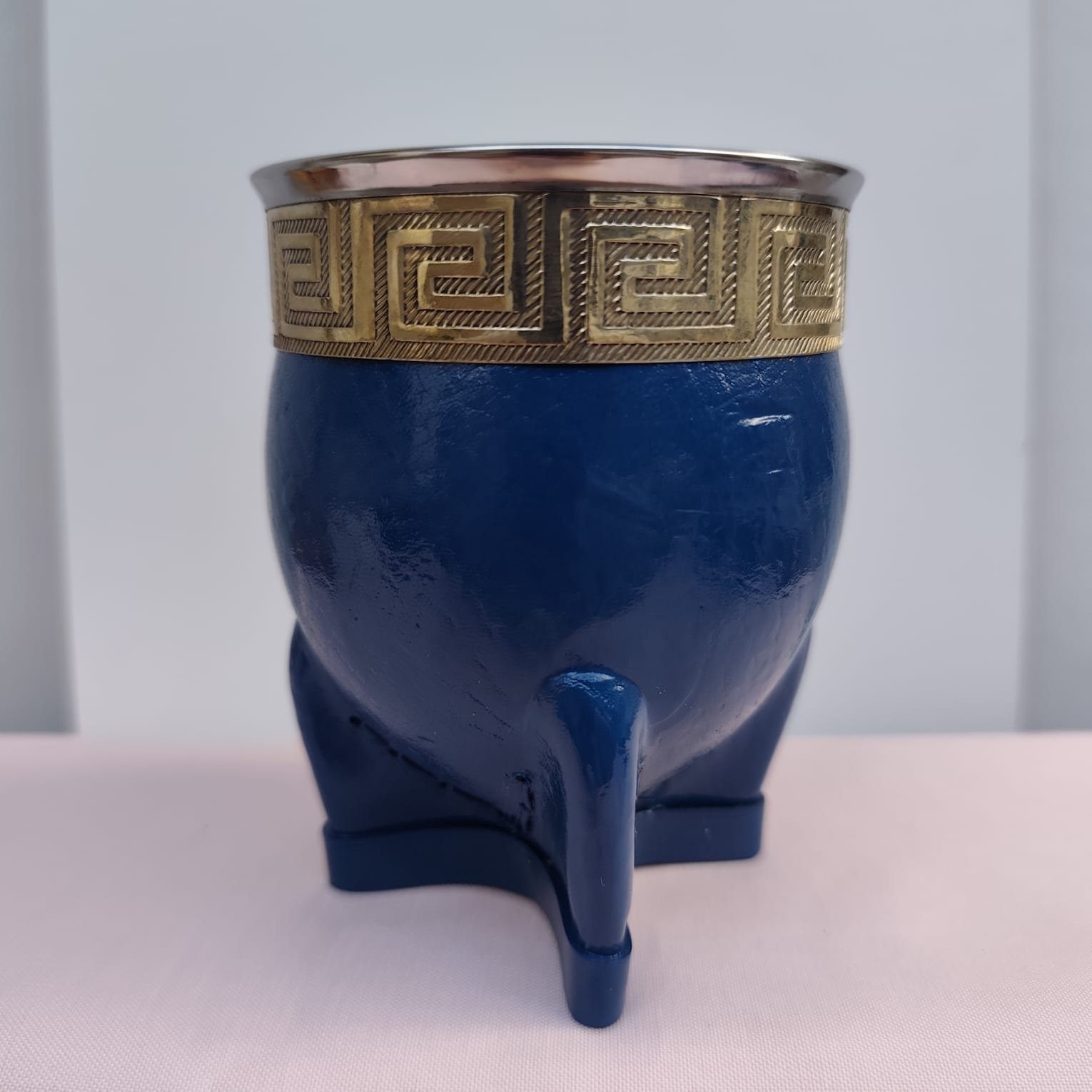 Mate imperial guarda de alpaca - cuero pintado azul - interior de calabaza